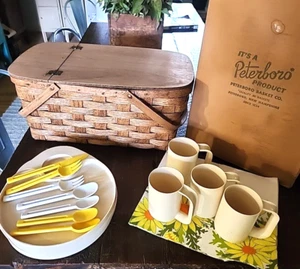 Vintage Picnic Basket w/Plates & Cups Wood Slat Double Handle Hinged Lid - Picture 1 of 15