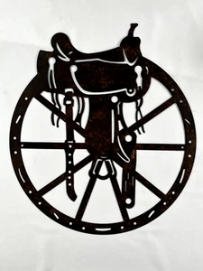 Western Symbols Saddle & Wagon Wheel Metal Wall Art - Rustic - Artwork - Picture 1 of 2