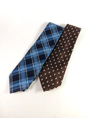 Two Vintage 70's Neckties Blue Plaid Brown Polka Dot Polyester Menswear Costume - Image 1 of 4