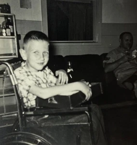 Boy Sitting In Wheelchair Holding Box B&W Photograph 4 x 5 - Picture 1 of 3