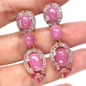 Heated 8 X 12 mm. Pink Ruby With Tourmaline Earrings Silver 925 Sterling - Picture 1 of 4