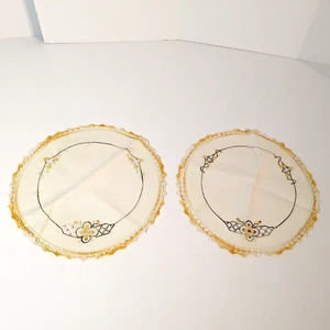 Vintage Round Hand Embroidered Floral Scalloped Edge Doily, Tray Cloth 10", 2 Pc - Picture 1 of 9
