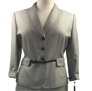 Tahari Women Jacket Blazer Belt 3 Button 3/4 Sleeve Pin Check Brown Size 12 - Picture 1 of 4