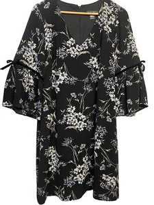 Jessica Howard Women Dress 14W Floral Print Bell Sleeve Knee Sheath Black/White - Picture 1 of 22