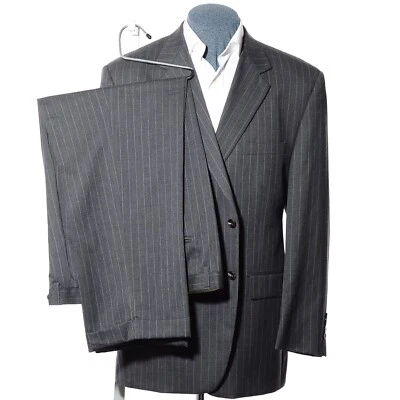 44R Relaxed-Fit Chaps Gray Pinstriped Wool Two-Piece Suit 38x30 Trousers Jacket - Image 1 of 4