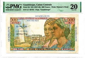 Guadeloupe: 500 Francs ND (1947-49) Pick 36 PMG Very Fine 20 - Picture 1 of 2