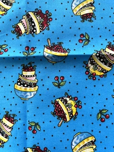 Mary Engelbreit Cranston 2010 Bowls of Cherries Blue Cotton FAT QTR 18.5" x 22" - Picture 1 of 2