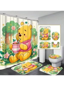 Pooh Disney Cartoon Shower Curtain Set, Pooh Bear Cartoon Toilet Seat Cover Set - Picture 1 of 1