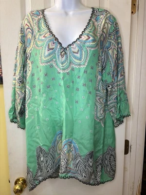 Johnny Was Paisley  Silk Tunic Top Blouse Bohemian Colorful Print Size L - Image 1 of 4