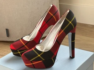 PRADA TARTAN PLAID PLATFORM PUMPS IN RED IT 38 (RUN SMALL!) WOMENS AUTHENTIC! - Picture 1 of 4