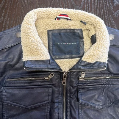 Tommy Hilfiger Sherpa Lined Navy Faux Vegan Leather Aviator Bomber Jacket M - Image 1 of 4