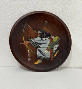 Vintage Japanese Hand Painted Wood Plate Ainu Archer Lake Shikotsu 9 Inches - Picture 1 of 2