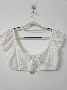 Kimchi Blue UO Milkmaid Crop Top Cottagecore Puff Sleeve Smocked White Boho L Ne - Picture 1 of 6