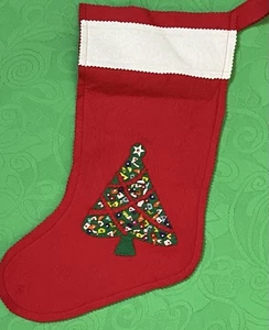 VTG MCM Thick RED Felt Applique Xmas Tree Stocking-Handmade Beaded Sequin-16” - Picture 1 of 15