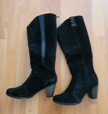 Para mujeres Talla 7.5 M Negro Gamuza Look Material Medio Pantorrilla Botas Moda Tacón Tirar Foto 1 de 4