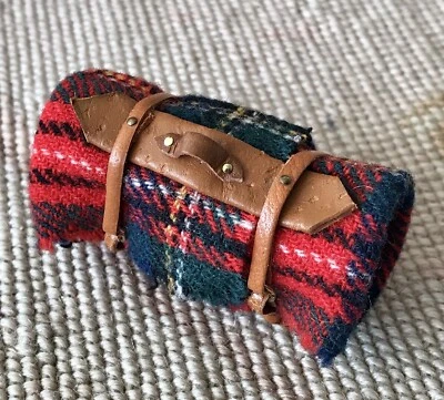 Pat Tyler Dollhouse Miniature Leather Strap Plaid Wool Blanket Bed Roll J 2481