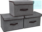 Set of 3 Grey Foldable Storage Boxes with Lids, Collapsible Organizer Bins