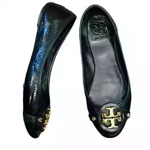 Tory Burch Pelle Verniciata Claire Ballet Flat Nero 8,5* Slip On Oro Hardware - Foto 1 di 10
