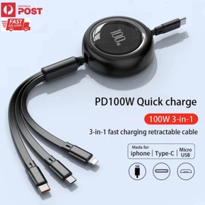 Fast Charging PD100W Retractable 3 in 1 USB-C Cable - Picture 1 of 15