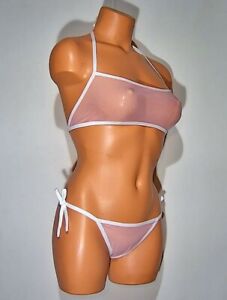 pale pink spandex sheer micro mesh side tie low cut halter top lingerie sunwear