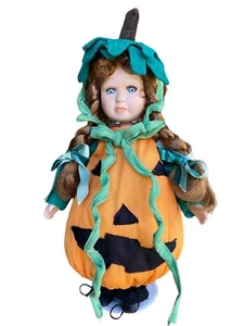 Halloween Porcelain Doll Pumpkin Costume Trick or Treat 11” Girl Blue Eyes Braid - Picture 1 of 12