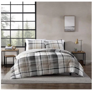 Eddie Bauer King Comforter Set, Normandy Plaid Grey, Reversible Bedding-SEALED - Picture 1 of 9