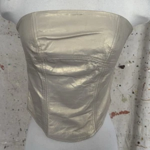 2000s Y2K FRENCH DESIGNER TATTOO GOLD IRIDESCENT LEATHER STRAPLESS BUSTIER TOP - Picture 1 of 5