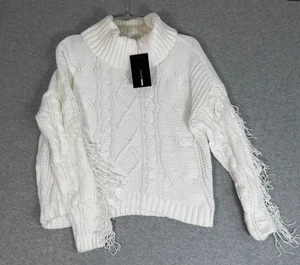 FASHION NOVA White Cable Knit Sweater Size Large Fringe On Sleeves Cowl Neck NWT - Picture 1 of 9