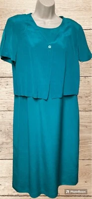 Conjunto de chaqueta de vestir de seda Talbots 12p azul verdoso maxi moda lenta Grannycore Foto 1 de 4