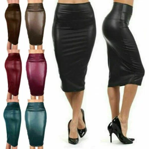 Women Office OL Bodycon Pencil Midi Skirts High Waist PU Leather Skirt - Picture 1 of 16