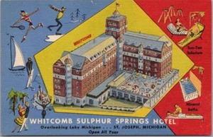St. Joseph, Michigan Leinen Werbung Postkarte WHITCOMB SULFUR SPRINGS HOTEL - Bild 1 von 2