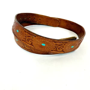 Cinturón de cuero marrón tocado a mano floral color turquesa occidental detalles hombres 38 - Imagen 1 de 5