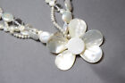 Pearl Shell & Quartz Crystal Necklace 3 strand Flower Pendant 20" Bridal Wedding