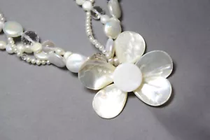 Pearl Shell & Quartz Crystal Necklace 3 strand Flower Pendant 20" Bridal Wedding - Picture 1 of 7