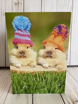 Fluffy Bunnies With Pom Pom Hats Friendship Weird Attracts Weird Humorous Card - Image 1 of 4