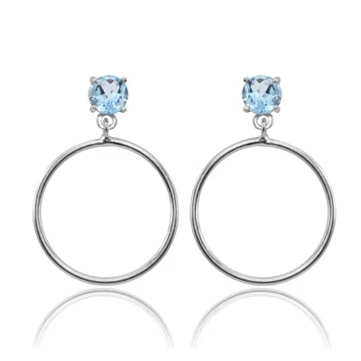 Sterling Silver 6mm Blue Topaz Dangling Round Hoop Stud Earrings - Image 1 of 3