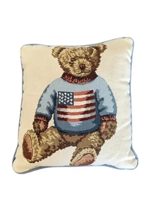 RARE VTG Ralph Lauren Polo Bear Woven Throw Pillow 12x12 American Flag Preppy - Picture 1 of 15