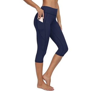 High Waisted Tummy Control Capris Workout Yoga Pants with Pockets Navy Blue L - Picture 1 of 5