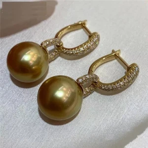 Gorgeous A Pair Of Huge AAA 10-11mm South Sea Round Golden Pearl Earring 925s - Picture 1 of 2