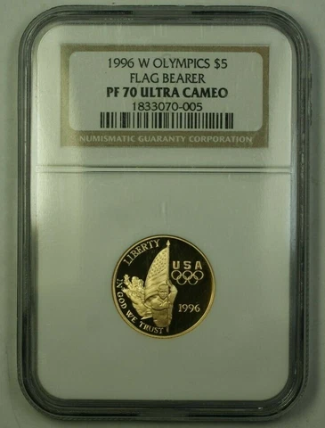 1996-W US Olympics Commemorative Flag Bearer $5 Gold Coin NGC PR-70 Ultra Cameo Cover