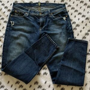 7 For All Mankind The Skinny Crop & Roll Blue Distressed Denim Jeans Size 29