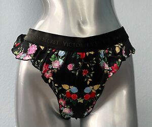 Victorias Secret Black Floral Nwt Ruffle Washable Silk High Leg Thong Panty