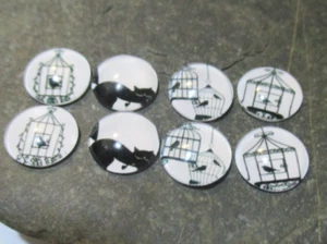 8 Glascabochons rund 12mm schwarz weiß Vogel Katze Glasstein Schmuckgestaltung - Bild 1 von 2