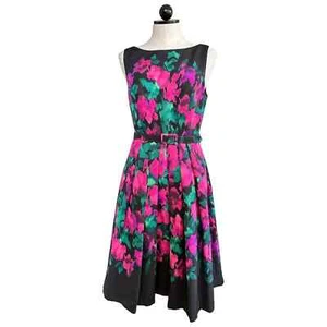 Eliza J Fit & Flare Black Watercolor Dress Sleeveless Belted Boat Neck Size 6 - Picture 1 of 12