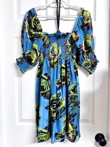Betsey Johnson Teal Blue Burnout Velvet Floral Sheer Smocked Dress Sz P S-M NWOT - Picture 1 of 6