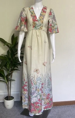 Vtg 70s Floral Butterfly Spring Maxi Dress Sz XS Boho Prairie Cottage Summer * - Image 1 of 4