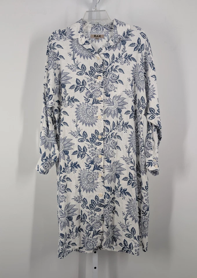 Vestido Camisa FLAX by Jeanne Engelhart Aloha Floral Playa Hawaiano Batik Lino 44 Foto 1 de 4