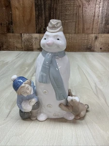NAO Lladro 1438 "Winter Games" Schneemann mit Kind & Welpe Hund, 2002 Spanien - Bild 1 von 17