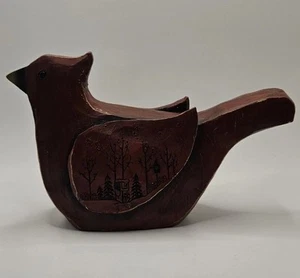 Red Cardinal Bird Hand Carved Wood Distressed Winter Scene Carved on Wing - Picture 1 of 8