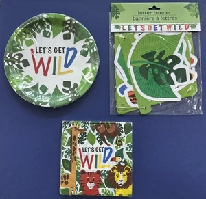 ‘LET’S GET WILD’  PARTY SUPPLY SET: NAPKINS, PLATES, BANNER - Picture 1 of 7